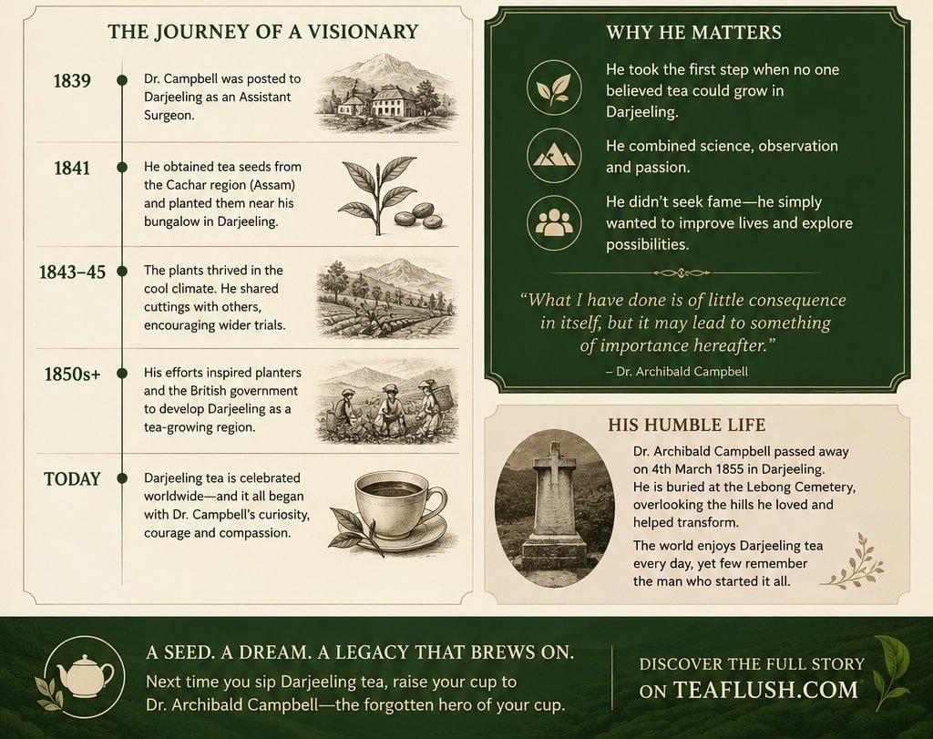 Meta Description: Discover the remarkable story of Dr. Archibald Campbell — the Scottish surgeon who planted the first tea seeds in Darjeeling in 1841 and forever changed the world of tea. Read the full history on TeaFlush.com.